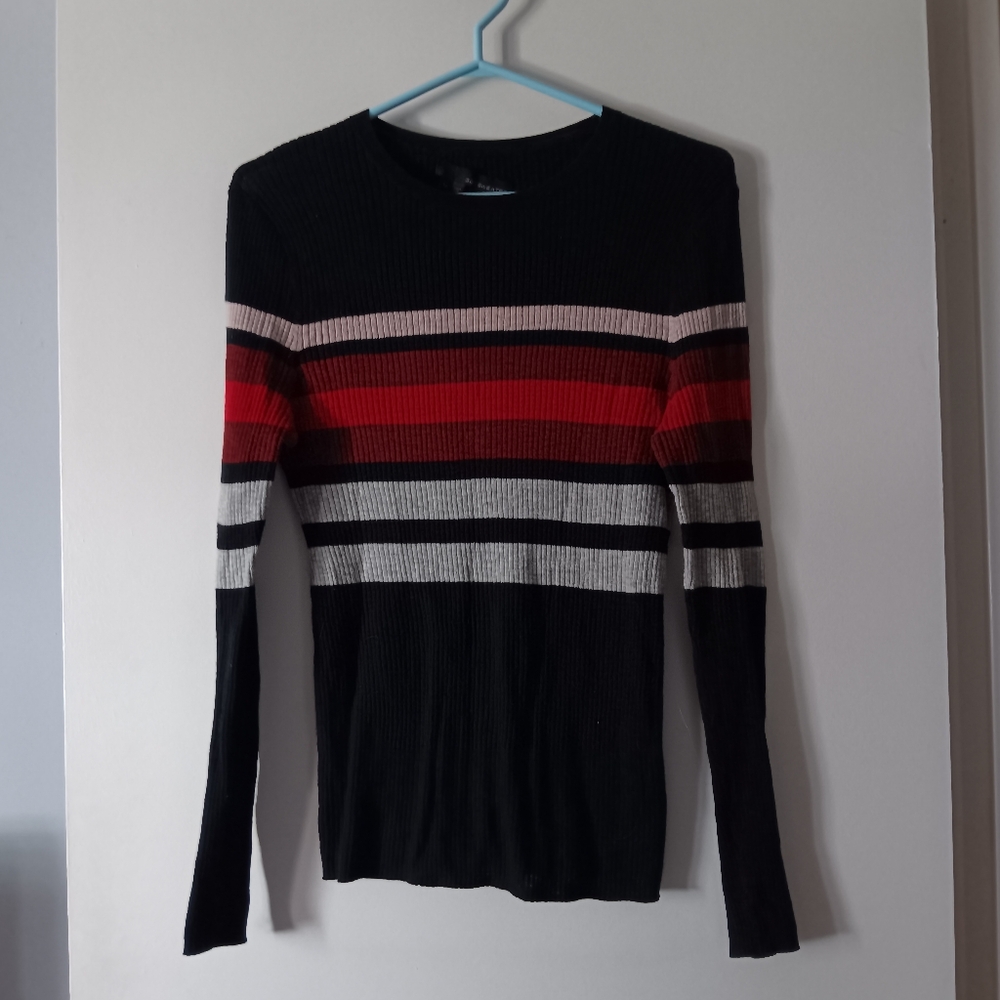360 CASHMERE Striped Cotton Crew Ribbed Sweater L